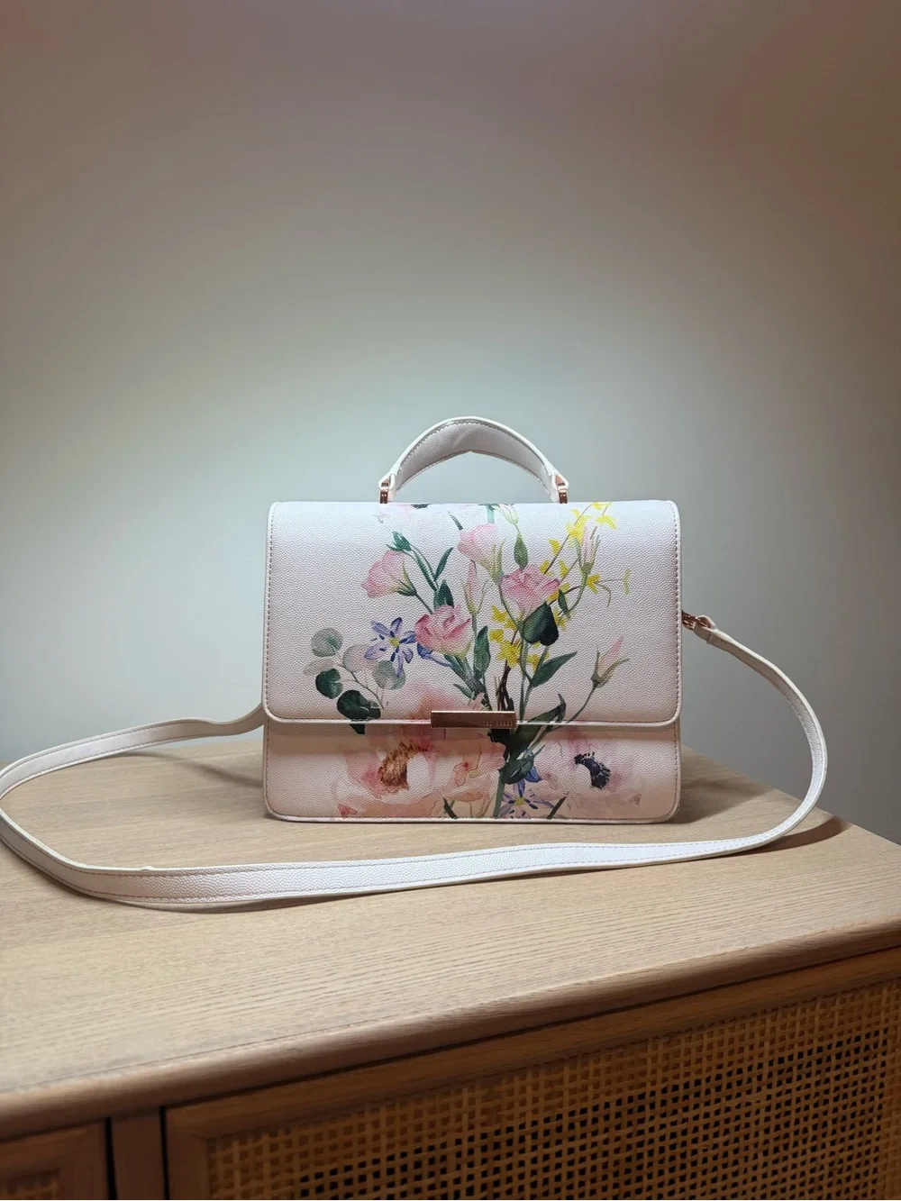 Ted Baker Cream Floral Top-Handle Satchel with Crossbody Strap - Picture 2 of 9